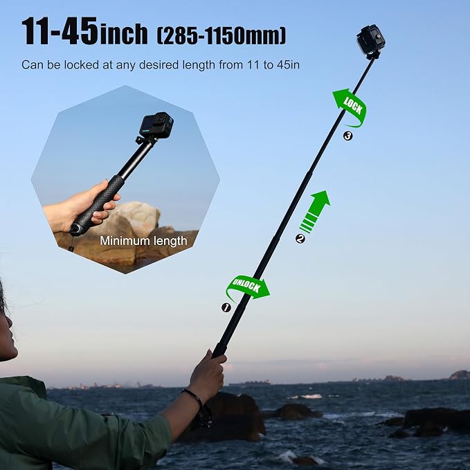 SOONSUN 45'' Waterproof Selfie Stick Extendable Monopod Hand Grip Aluminum - Image 3