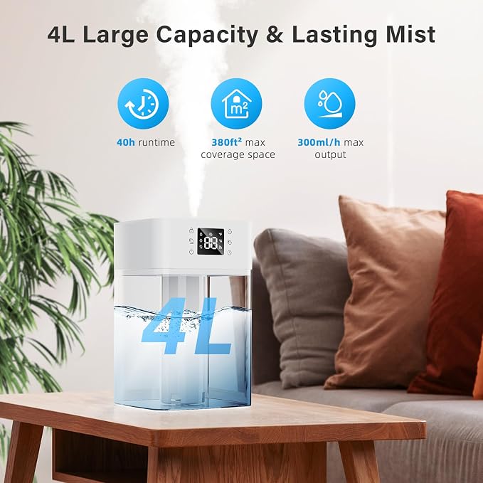 JRD 4L Humidifiers for Bedroom, Cool Mist Humidifier for Large Room, 40H Runtime, 360° Nozzle, Night Light for Home, Office, Baby Nursery, Plants（White） - Image 3