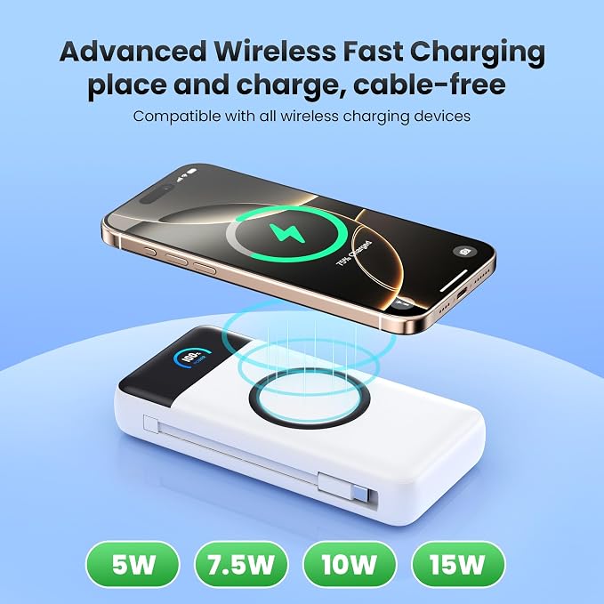 YHO Wireless Portable Charger 40800mAh for iPhone with Built-in Cables, 15W Wireless Charging USB C Power Bank,25W PD Fast Charging Travel Essential Battery Pack for iPhone 17/16/15,Android-White - Image 2