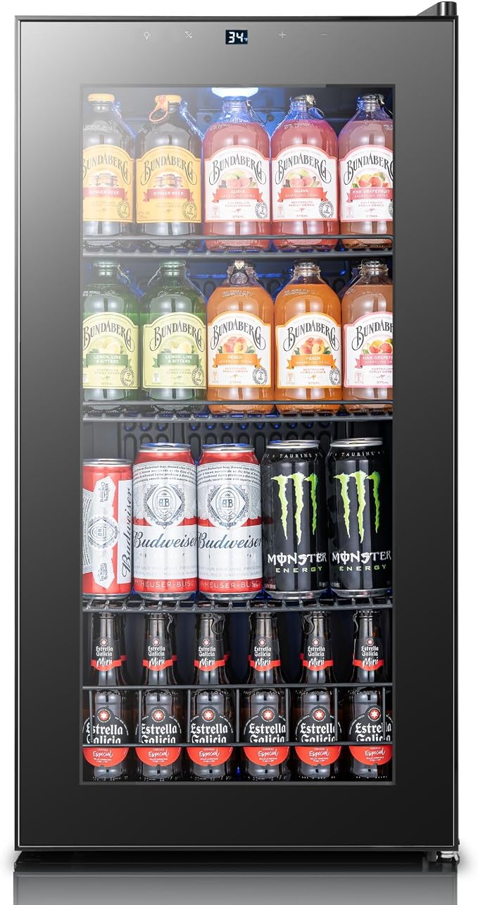 Yeego Beverage Refrigerator Drink Cooler, 105 Cans Mini Fridge Glass Door | Soda Wine Beer Small Cooler, 34°F To 54°F Digital Temperature Control, for Home Office Bar, Adjustable Shelves, Black by Yeego