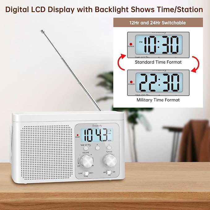 DreamSky AM FM Radio Portable - Shortwave Radio Battery Powered or Plug in Wall for Home Outdoor, Strong Reception, Large Dial Easy to Use, Digital Time Display, Transistor Antenna, Seniors Small Gift - Image 4