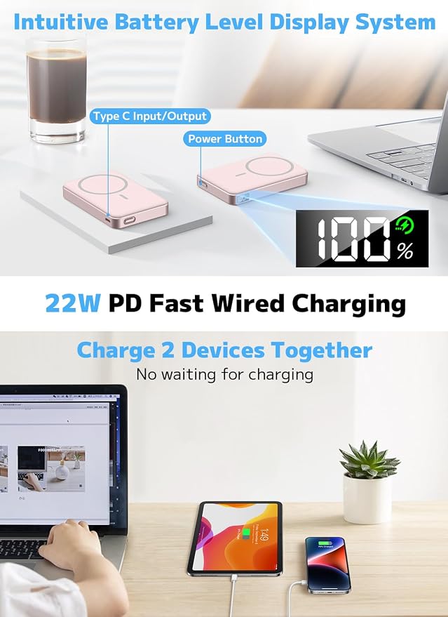 golioklsy for Magsafe Portable Charger,10000mAh Power Bank with Type-C 20W PD Fast Charging, Lightweight and Slim, LED Display for Magsafe Battery Pack for iPhone 17/16/15/14 All Series, Pink - Image 5