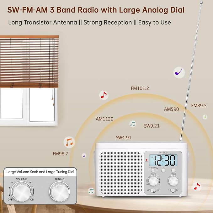 DreamSky AM FM Radio Portable - Shortwave Radio Battery Powered or Plug in Wall for Home Outdoor, Strong Reception, Large Dial Easy to Use, Digital Time Display, Transistor Antenna, Seniors Small Gift - Image 2