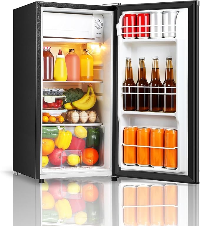 Seaoola Mini Fridge with Freezer, Single Door 3.1 Cu.Ft, Compact Mini Refrigerator, LED Light, Adjustable Thermostat, Removable Glass Shelves, Small Refrigerator for Dorm/Office/Bedroom(Black) (Black) by Saeoola