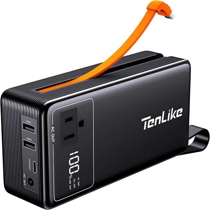 Portable Power Station with AC Outlet Power Bank for Camping Essentials Small Electric Mini Generator Large Lithium Battery Plug in Output 60W Type-C Laptop Home Backup Outdoor Emergency 99.9Wh, Black by Tenlike