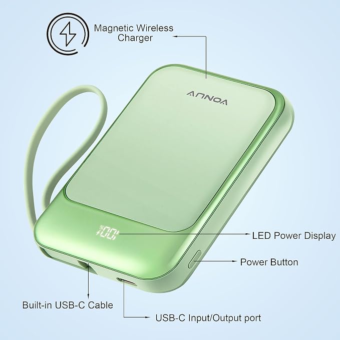 Magnetic Power Bank 10000mAh, Wireless Portable Charger with 15W Max Fast Charging & Built-in USB-C Cable, 22.5W PD LED Display Battery Pack Compatible with iPhone 17/16/15, Samsung Galaxy(green) - Image 5