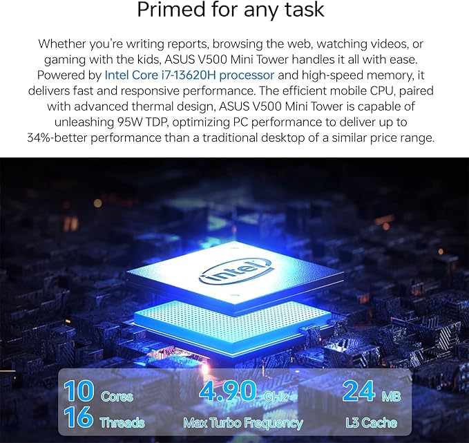 ASUS V500 Home & Business Tower Desktop, 10-core Intel Core i7-13620H Processor, 16GB DDR5 RAM, 1TB SSD, DisplayPort, Wi-Fi 6, Wired KB & Mouse, Win11 Pro, Bundle with ADATA 64GB USB Flash Drive - Image 3