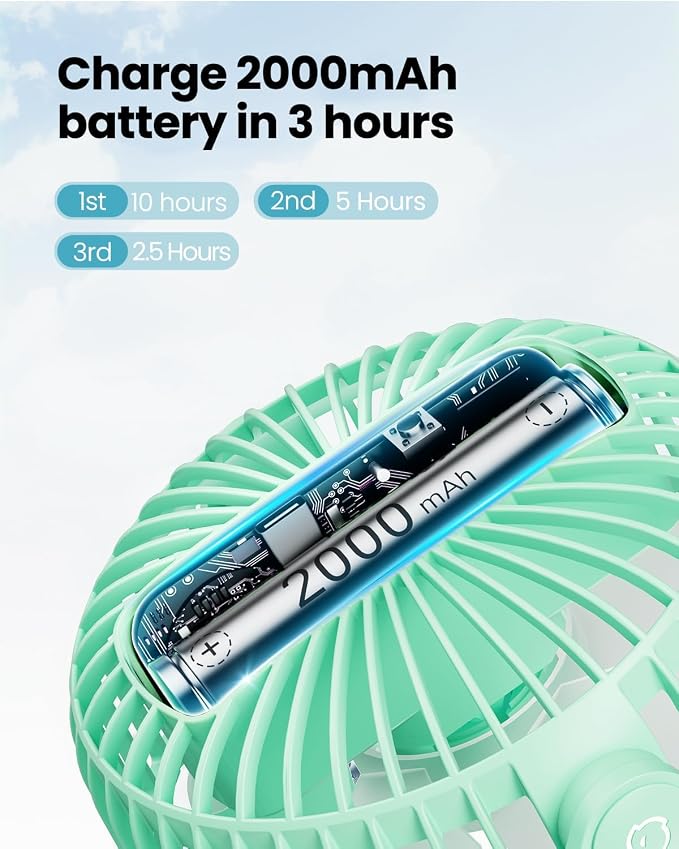 Gaiatop Portable Clip on Fan Battery Operated, Small Powerful 3 Speed Quiet 360° Rotate, USB Rechargeable Mini Personal Cooling Fan for Desk Table Home Office Stroller Camping Women Gifts Green - Image 4