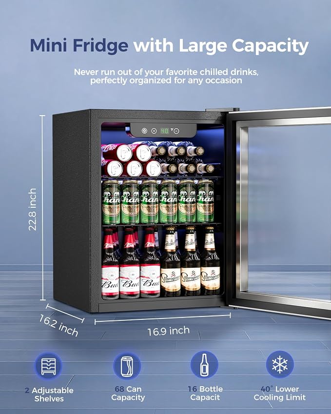 Feelfunn 1.7 Cu.Ft Beverage Refrigerator Cooler - 68 Can Mini Fridge Glass Door for Drink Soda Beer Wine - Small Refrigerator for Bedroom Office Home Dorm Bar, Silver - Image 2