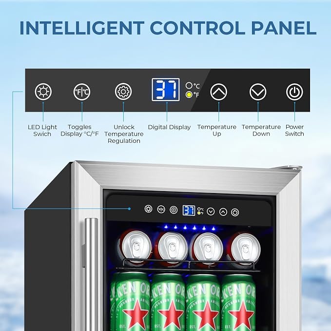 15 Inch Beverage Refrigerator Under Counter, 130 Cans Beverage Fridge Built-in or Freestanding, 15" Drink Cooler with Glass Door, Blue LED Light, Safety Lock - for Home/Kitchen(3.1 cu.ft) - Image 2