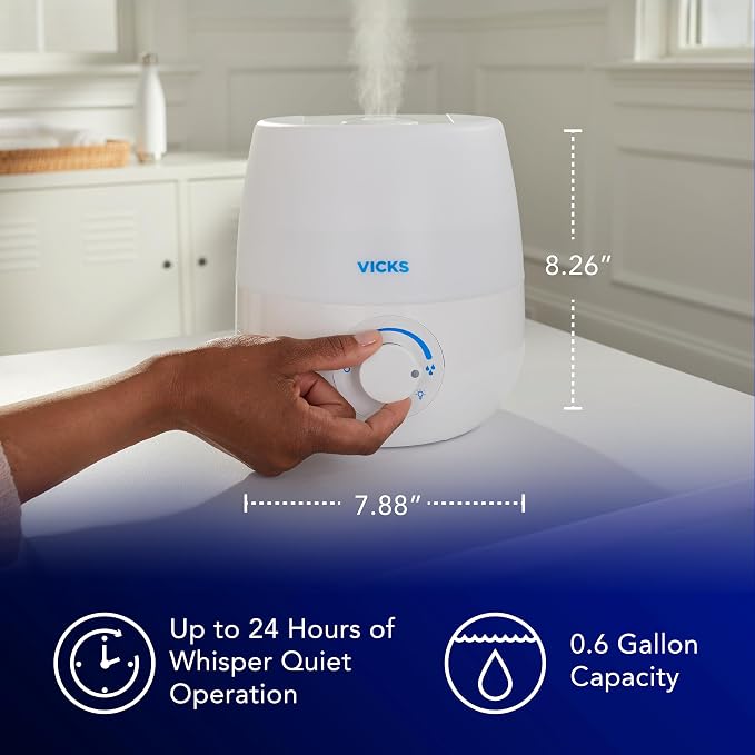 Vicks NaturalCare Cool Mist Ultrasonic Humidifier, Small Room Humidifier for Bedroom, Diffuser with Nighttime Light, Works with Vicks VapoPads, White - Image 4