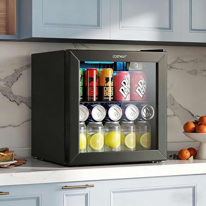 COSTWAY 1.3 Cu. Ft. Beverage Refrigerator Cooler, 55 Cans Mini Fridge | 12 Bottles Tempered Glass Door, Removable Shelf & Adjustable Temperatures, Compact Drink Cooler for Wine, Beer & Soda - Image 2