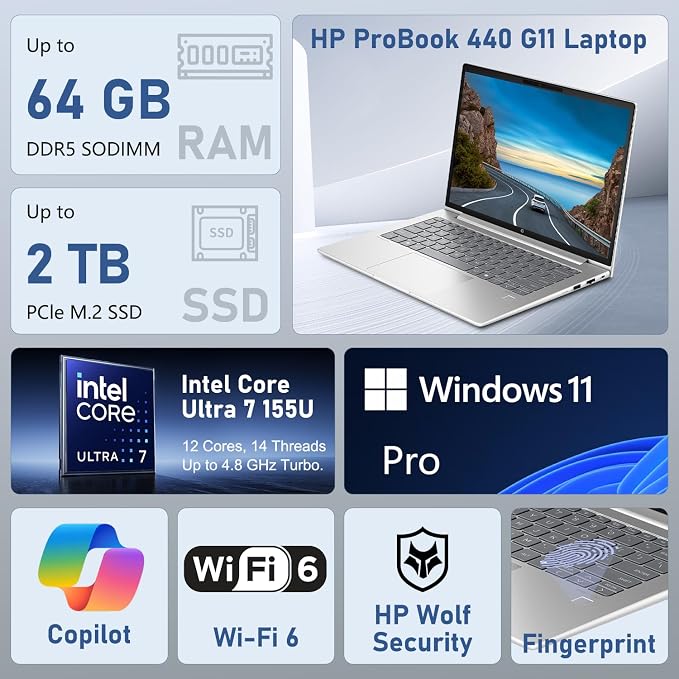 HP ProBook 440 G11 Intel Core Ultra 7 155U 14" FHD+ IPS Business AI Laptop | 16GB DDR5, 512GB SSD, Fingerprint, 1080p IR Camera, Backlit, HDMI, Wi-Fi 6, Win 11 Pro, Thunderobot 7 in-1 USB-C Hub Bundle - Image 2