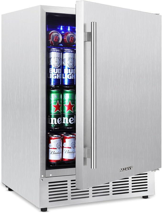 24 Inch Outdoor Beverage Refrigerator, Stainless Steel Outdoor Fridge 180 Can Under Counter Built-in/Freestanding, Waterproof, Fast Cooling, Low Noise - Outdoor Refrigerator for Home and Patio by MZAVP