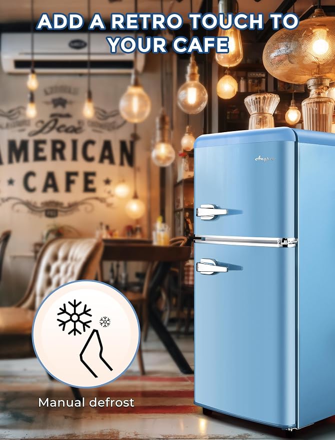 Anypro 3.2 Cu.Ft Refrigerator, Retro Double Door Fridge with Freezer, 7 Adjustable Temperature Settings, Removable Glass Shelves for Dorm, Office, Bedroom, Apartment, Sky Blue - Image 7