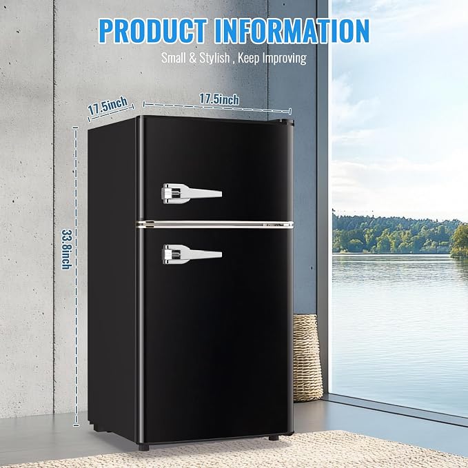 3.5 Cu.Ft Retro Mini Fridge with Handle Compact Refrigerator Black | Dual Door Refrigerator with Freezer 7 Gears Temperature Control Ideal for Bedroom Dorm Office - Image 3