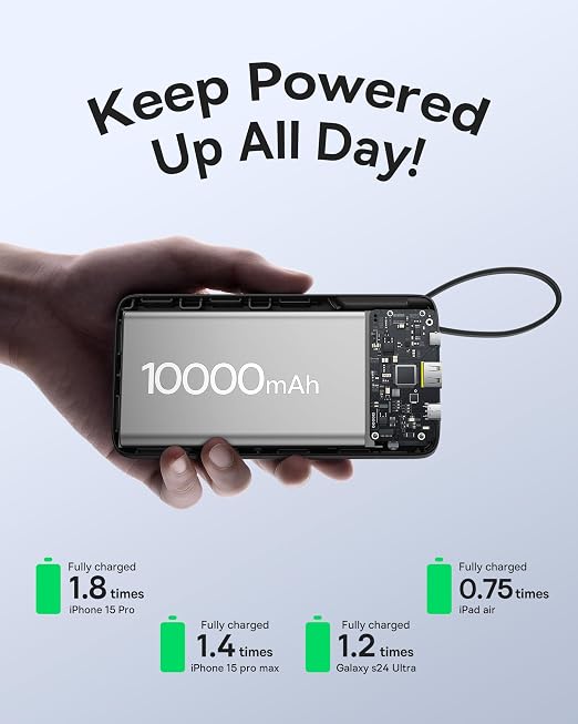 Baseus Portable Charger, 10000mAh Fast Charging Power Bank, 22.5W PD3.0 QC3.0 Battery Pack Built-in USB C Braided Cable, Travel Essentials for iPhone 17 16 15, iPad, S25/S24, Indoor/Outdoor - Image 6
