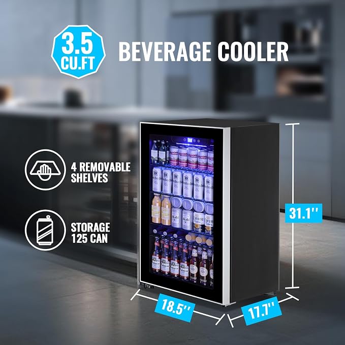 3.5 Cu.ft Beverage Refrigerator Cooler with 125 Can, Mini Fridge with LED Light for Soda Beer or Cans Beverage Temp Digital Display Adjustable Shelves Suit for Home, Office, Dorm - Image 3