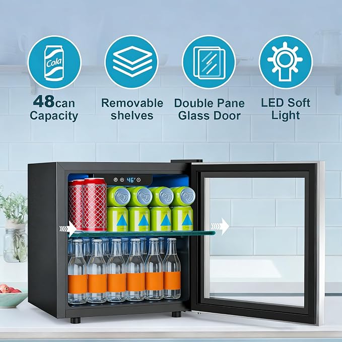 Electactic 48 Can Beverage Refrigerator,12 Bottle Wine Cooler with Seamless Stainless Steel & Glass Door, Digital Temperature Display, Countertop Mini Fridge for Soda, Wine or Beer, Silver - Image 5