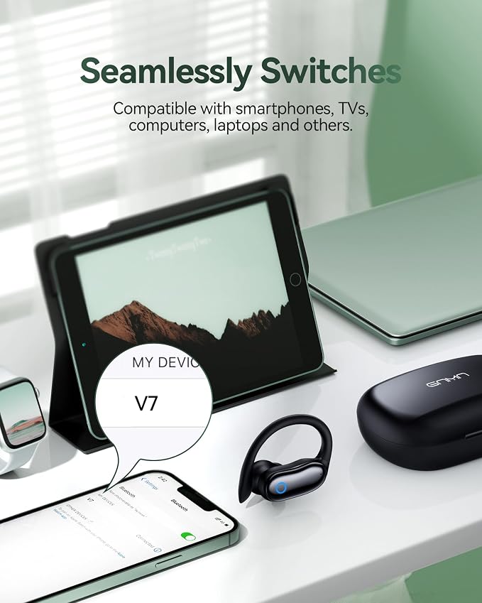 GNMN Active Noise Cancelling Ear Buds Wireless Earbuds 96hrs Playback Bluetooth Headphones Dual Battery Display Stereo Bass Earphones with Earhooks Microphone IPX7 Waterproof for Sports/Runing/Workout - Image 7