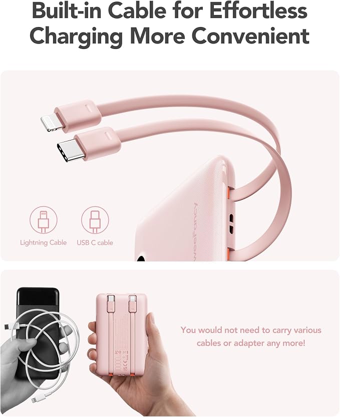 Mini Portable Charger with Built-in Cables 22.5W Fast Charging Power Bank USB-C Small Battery Pack 10000mAh Travel Essential Slim Battery for iPhone 17/16/15/14, Samsung 25/24, and More - Image 4