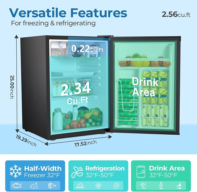Electactic Compact Refrigerator 2.56 Cu.ft Mini Fridge with Freezer, Single Door Refrigerator with Adjustable Temperature Settings, Low noise, for Bedroom, Office, Dorm - Image 2