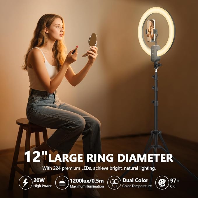 12" Selfie Ring Light with 63" Tripod Stand/Phone Holder, QEUOOIY 20W LED - Image 2
