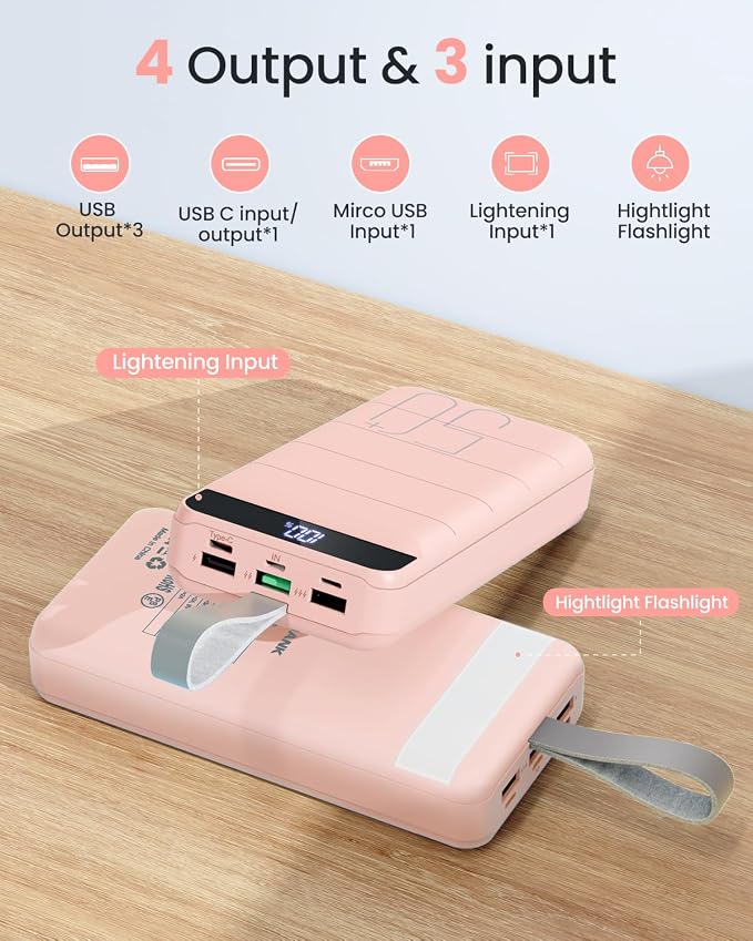 Power Bank Fast Charging 50000mAh - 22.5W Portable Charger USB C Quick Charge with 4 Outputs & 3 Inputs LED Display Huge Capacity External Battery Pack for iPhone, Samsung, iPad etc Pink - Image 4