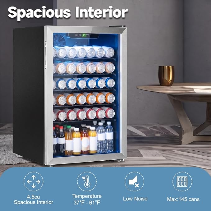145 Can Mini Fridge-4.5 Cu.Ft Beverage Refrigerator, Glass Door | Compact Drink Fridge with Reversible Door for Soda Wine Beer, Adjustable Temperature Control for Home Office Bar, (37-61 ℉) - Image 5