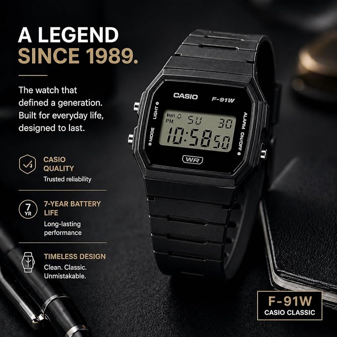 Casio F91W Series | Digital Watch | Water Resistant | LED Light | 1/100 SEC - Image 4