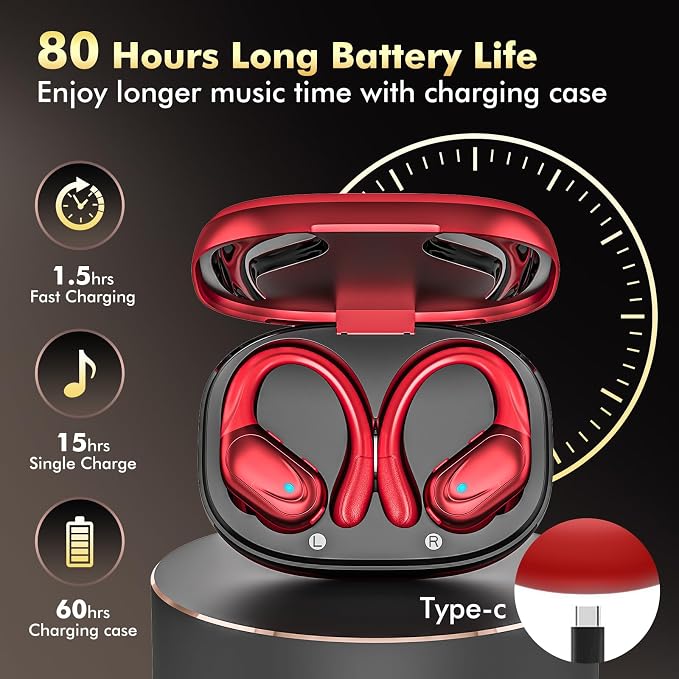 HAOYUYAN Wireless Earbuds, Sports Bluetooth Headphones, Noise Canceling Ear Buds with 80hr Playtime, LED Power Display, IPX7 Waterproof Earphones for Gym/Workout（Red） - Image 2