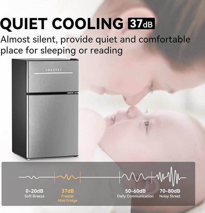 Mini Fridge with Freezer 3.2 Cu.Ft. 2 Door Refrigerator and Freezer Small Fridge for Bedroom Home Office Dorm, Small Drink Chiller, 37 dB Low Noise, Stainless Steel - Image 5
