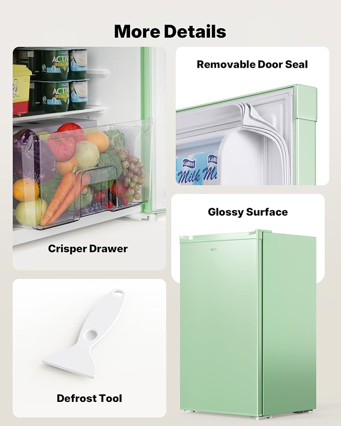 Upstreman 3.2 Cu.Ft Mini Fridge with Freezer, Green-BR321 | Adjustable Thermostat, Energy Saving, Low Noise, Reversible Door, Small Refrigerator for Dorm, Bedroom, Office - Image 7
