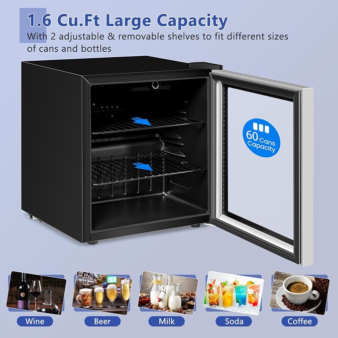 COSTWAY 60 Cans Beverage Refrigerator Cooler, Freestanding Mini Fridge | with Glass Door & Removable Shelves, Small Beverage Drink Fridge for Soda Beer Wine, 1.6 Cu.Ft - Image 4