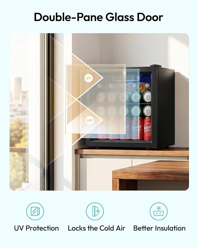 EUHOMY 48 Can Beverage Refrigerator cooler-Mini Fridge Glass Door for Beer Drinks Wines, Countertop Beverage Fridge with Adjustable Shelves Blue LED for Home/Office/Dorm/Bar, 1.3 cu.ft - Image 5
