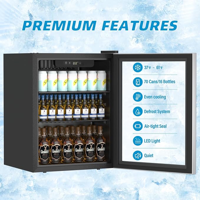 Erivess Beverage Refrigerator and Cooler, 76 Can/1.7 Cu Ft Mini Fridge with Glass Door, Adjustable Shelves for Soda,Beer,Wine, Free Standing Small Refrigerator, Digital Display, for Home, Bar, Office - Image 3