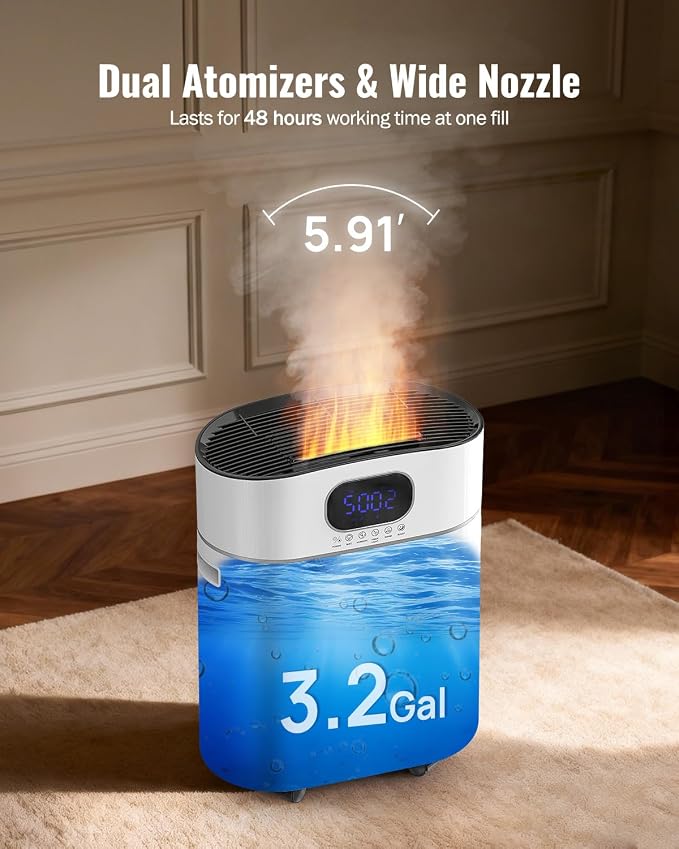 Humidifier Large Room Warm and Cool Mist, 3.2Gal/12L Humidifiers for Home 800 sq ft, Air Humidifiers for Bedroom with Diffuser & Flame Light, Whole House Humidifiers for Nursery Baby Plants, White - Image 4