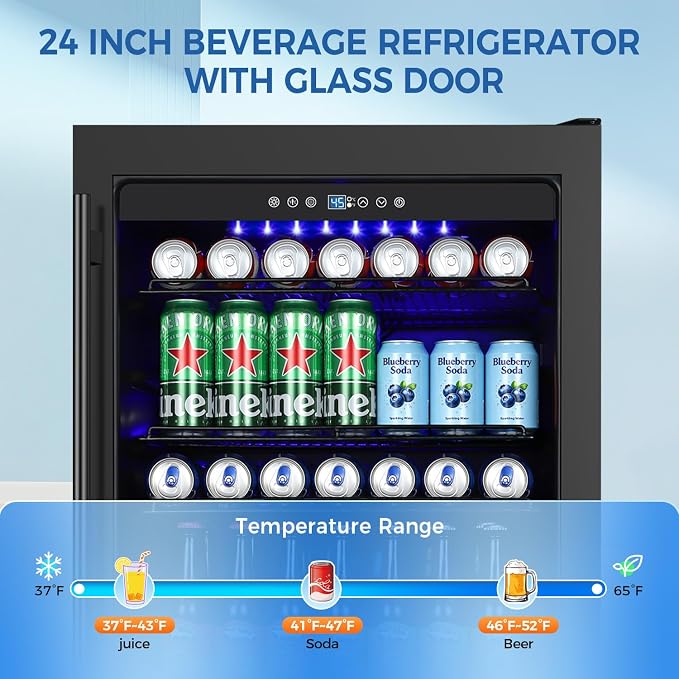 24 Inch Beverage Refrigerator Under Counter, Drink Fridge 180 Cans Large Capacity with Glass Door, 38dB Whisper Quiet Beverage Cooler Built-in for Home Bar Office, Memory Function for Beer Soda, Black - Image 4