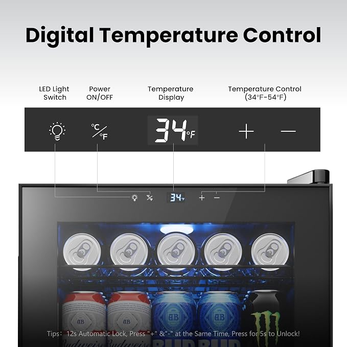 Yeego Beverage Refrigerator Drink Cooler, 85 Cans Mini Fridge Glass Door | Soda Wine Beer Cooler, 34°F To 54°F Temperature Control, for Home Office Bar, Adjustable Shelves,Freestanding, Black - Image 3