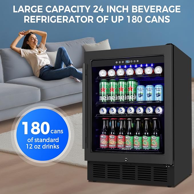 24 Inch Beverage Refrigerator Under Counter, Drink Fridge 180 Cans Large Capacity with Glass Door, 38dB Whisper Quiet Beverage Cooler Built-in for Home Bar Office, Memory Function for Beer Soda, Black - Image 3