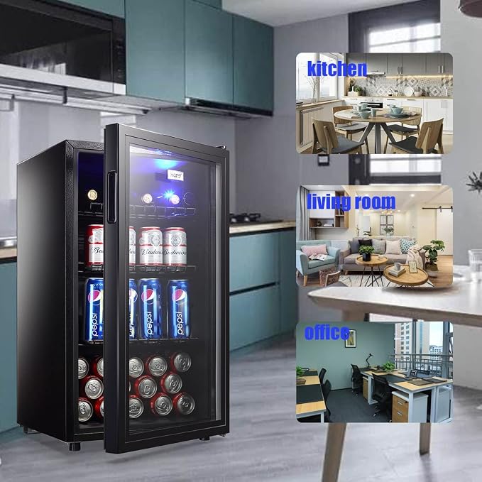 Mini Fridge Glass Door 120 Cans Beverage Refrigerator Small Wine Cooler Clear Front Drinks Fridge for Soda Beer Bar Home Office with 7 Thermostat LED Lights 3.2 Cu. Ft - Image 7