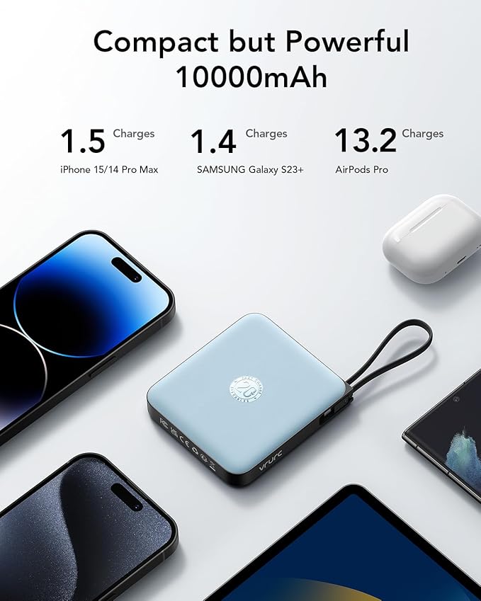 VRURC Portable Charger for iPhone with Built-in Cable, 10000mAh 22.5W Fast Charging USB C Battery Pack, Cell Phone Power Bank for iPhone 17 16 15 & Other Series (Blue) - Image 7