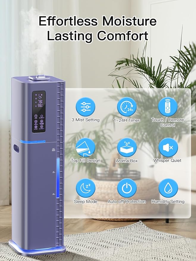 10L/2.64Gal Humidifiers for Bedroom, Top Fill Quiet Ultrasonic Cool Mist Humidifier Large Room, Covers 550ft², 60H Runtime, 24H Timer, 3 Mist Modes Humidifiers for Home, Office, Plants, Purple - Image 4