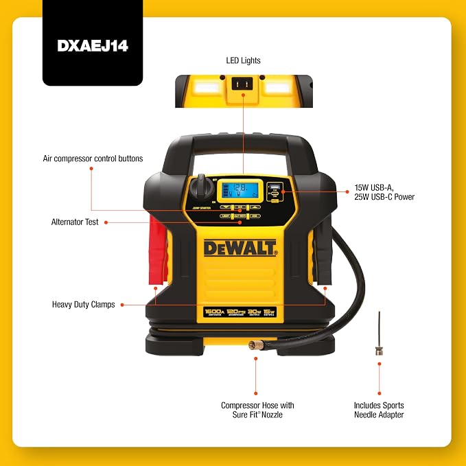 DEWALT DXAEJ14 Digital Portable Power Station Jump Starter - 1600 Peak Amps with 120 PSI Compressor for Tires, Sports Equipment & Bikes, 15W USB-A and 25W USB-C Power - Image 5