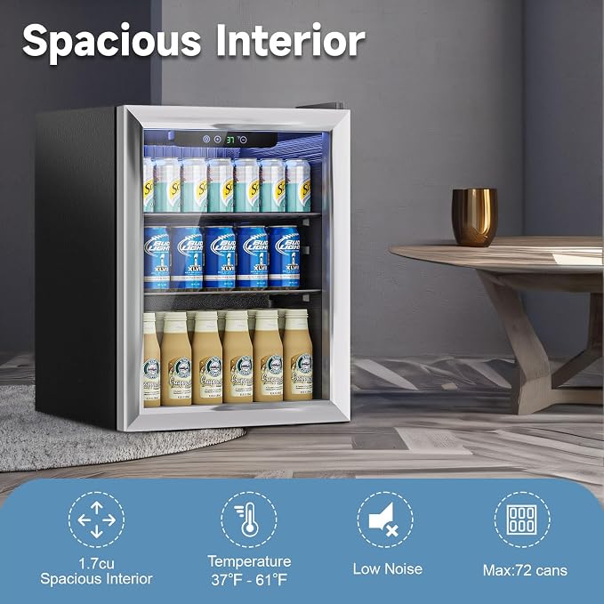 Stopasd Beverage Refrigerator Cooler, 1.7 Cu.Ft/76 Can Drink Fridge with Adjustable Shelves & Glass Door for Soda Wine Beer, Quiet Undercounter Small Fridge for Home/Office/Bar/Garage(37°-61℉), Black - Image 5