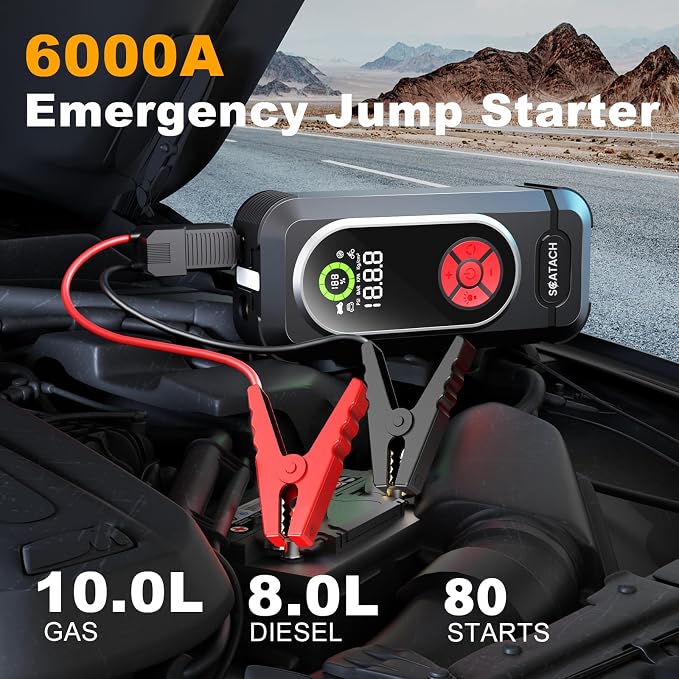 6000A Jump Starter with Air Compressor, Car Battery Jump Starter Portable (10.0 Gas/10.0L Diesel), 150 PSI 12V Car Battery Jump Box with Tire Inflator, Jumper Cables, LED Light, LED Display - Image 3