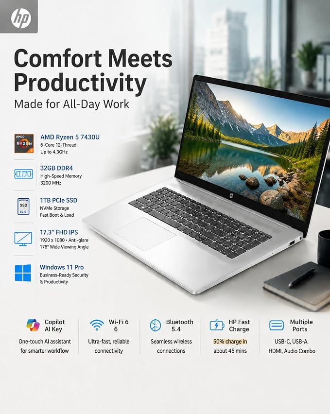 HP 17 Inch FHD Laptop Computer for Business & Students 32GB RAM 1TB SSD | AMD Ryzen 5 7430U Processor, 17.3 inch FHD IPS Display, Windows 11 Pro, Copilot AI Key, Fast Charging, Wi-Fi 6 - Image 4