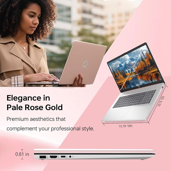 HP 17.3" Touchscreen Laptop, Intel Core i7-1355U, Pale Rose Gold, 64GB RAM, 1TB SSD, Webcam, HDMI, Backlit Keyboard, Fingerprint Reader, Wi-Fi 6, Windows 11 Pro - Image 3