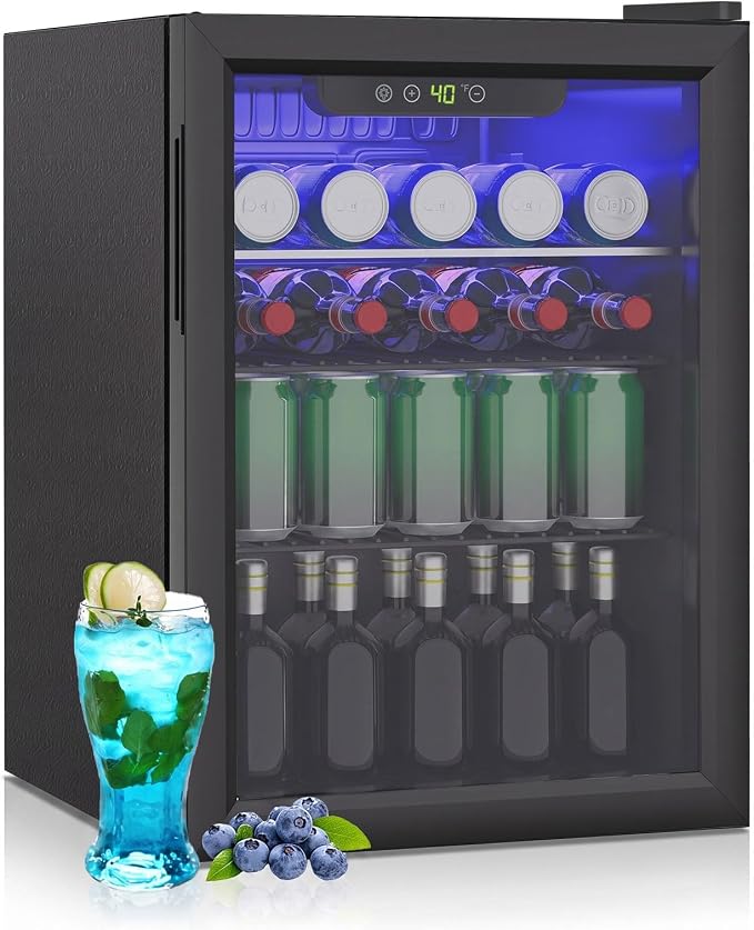 95 Can Mini Fridge, 2.6 Cu.Ft Beverage Refrigerator Glass Door | Drink Cooler for Soda Wine Beer, Adjustable Temp Small Fridge for Home Office Bar, Reversible Door, Black (40-61℉) by Unknown