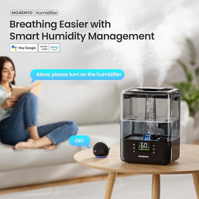 MORENTO Smart Humidifiers for Bedroom Large Room Home, 6L Cool Mist Top Fill Humidifier with Essential Oil Diffuser, Smart App & Voice Control, for Nursery & Plants, Black, 1 Pack + 7 Color NightLight - Image 3